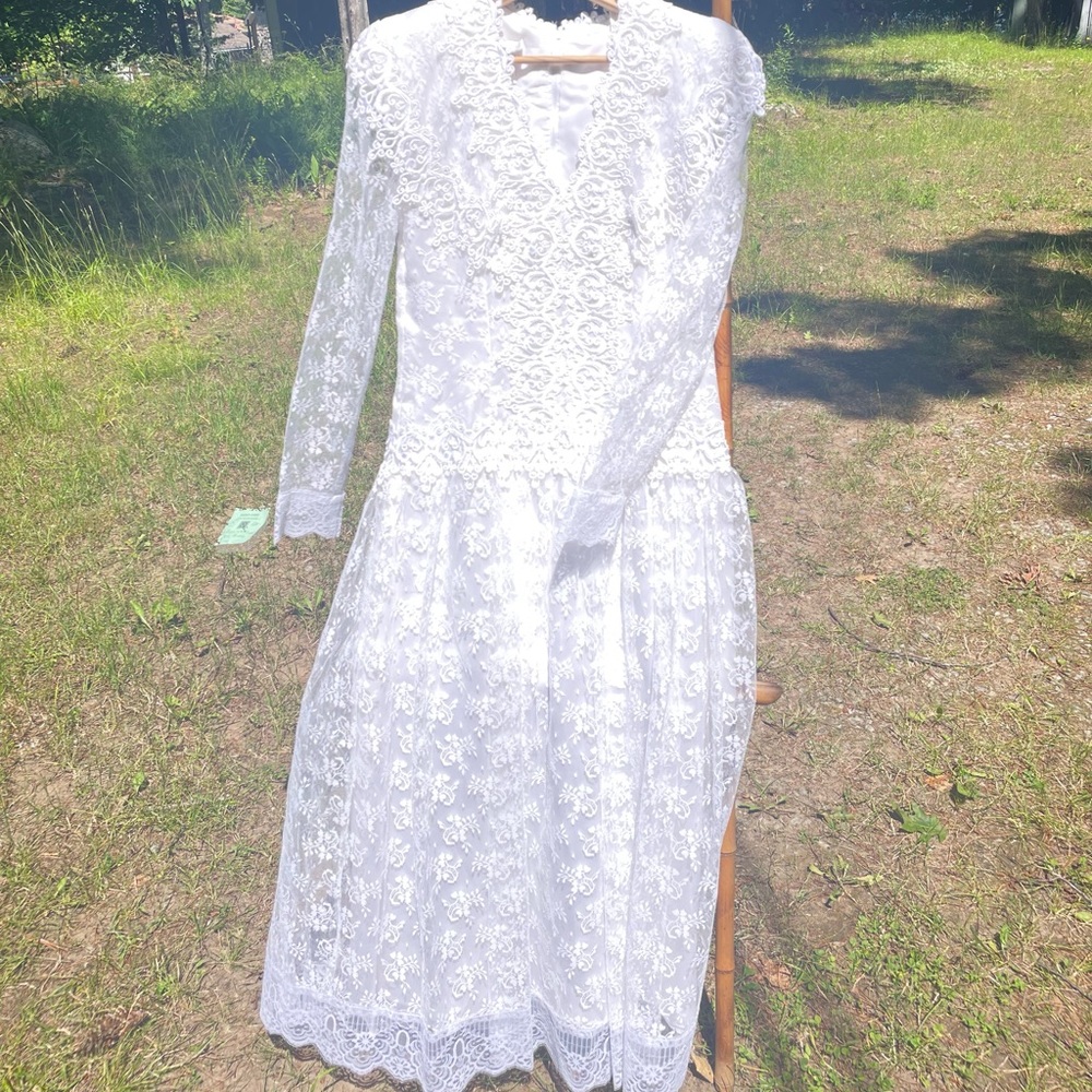 VINTAGE 80s 90s JESSICA MCCLINTOCK BRIDAL PROM LACE DRESS SHOULDER PADS SZ 7/8